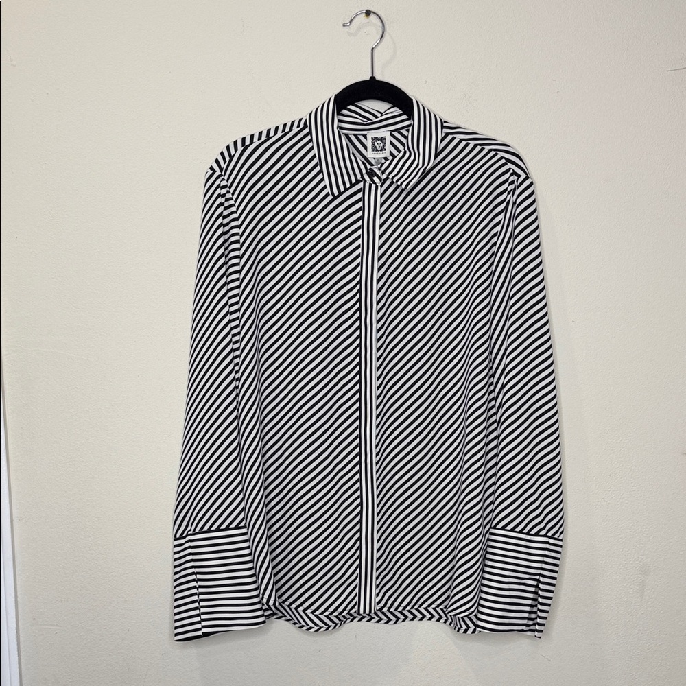 Anne Klein Black and White Striped Button-Up Shirt